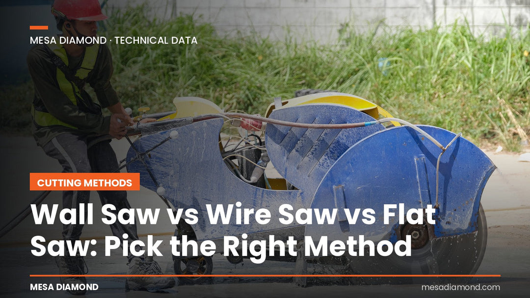 Diamond wire sawing setup with swivel wire guide pulleys on a jobsite