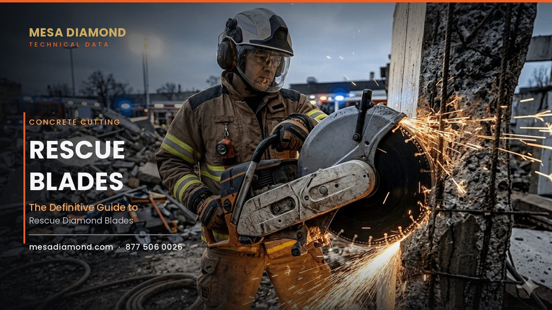 Rescue worker cutting reinforced concrete with a diamond blade, sparks flying
