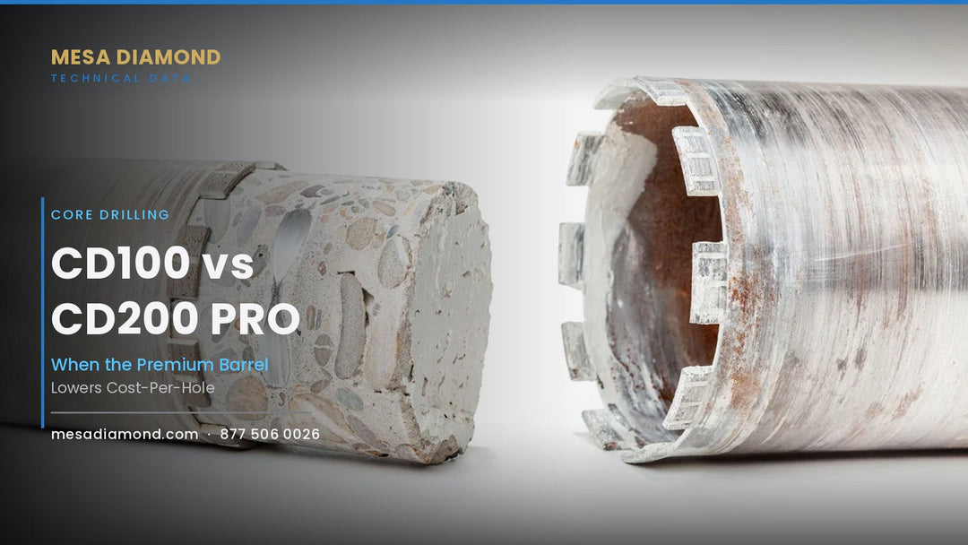 Two diamond core bits side by side, one holding a concrete core