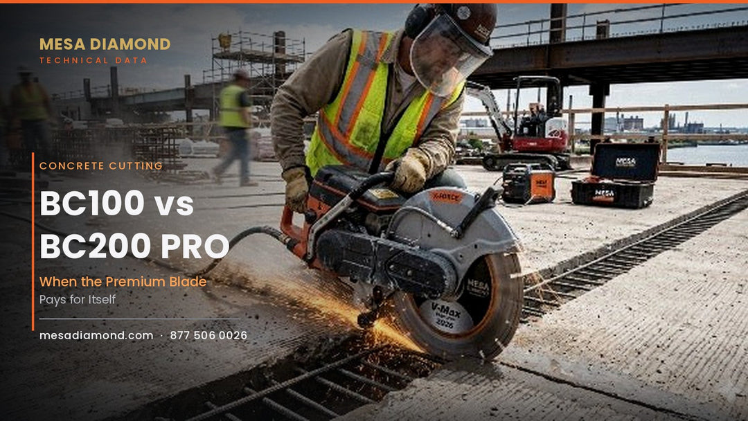 Operator cutting reinforced concrete on a jobsite with a Mesa Diamond blade