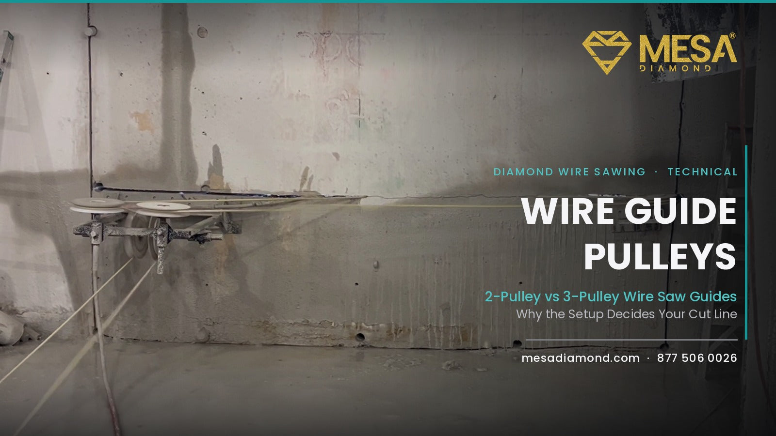 Diamond wire saw pulley guide station cutting a concrete wall on a jobsite