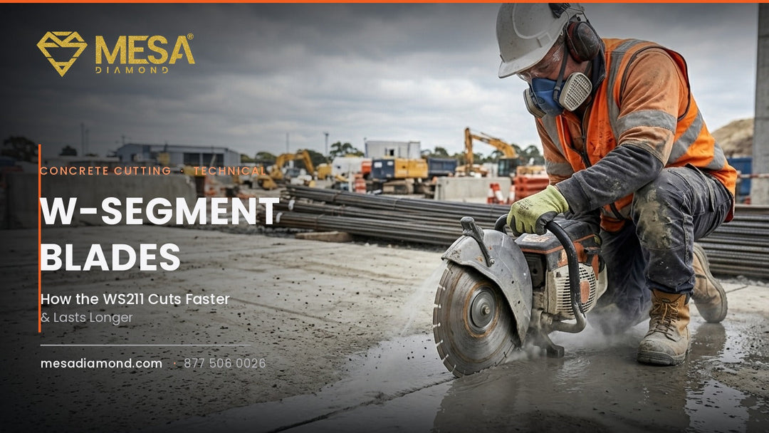 Operator wet-cutting a concrete slab with a W-segment diamond blade on a jobsite