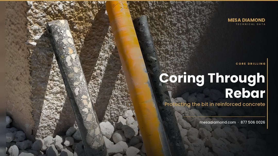 Diamond core bit beside cut rebar in reinforced concrete