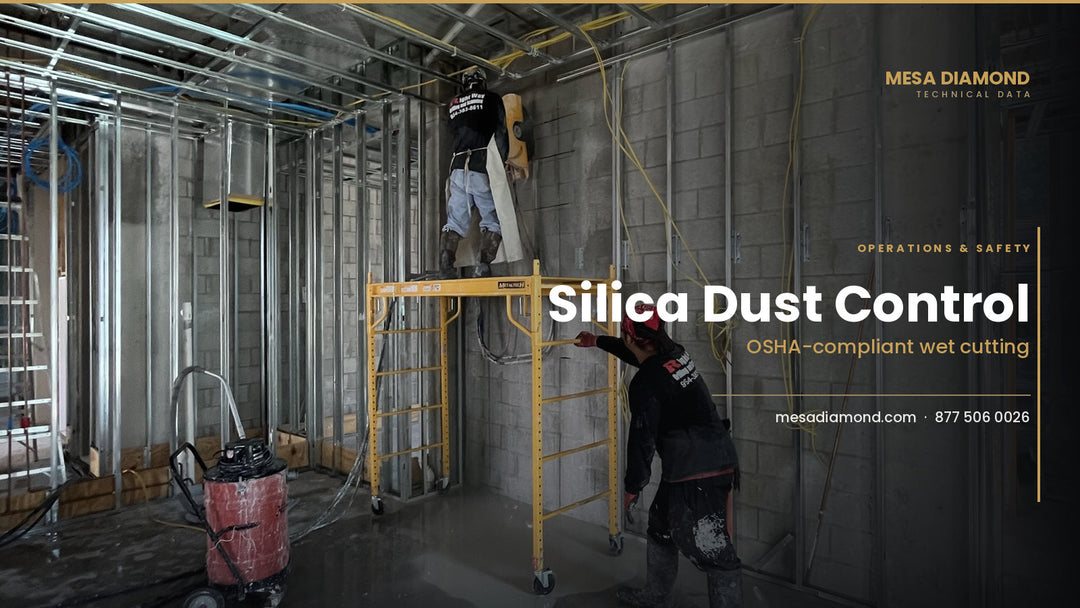 Wet cutting with slurry vacuum for silica dust control indoors