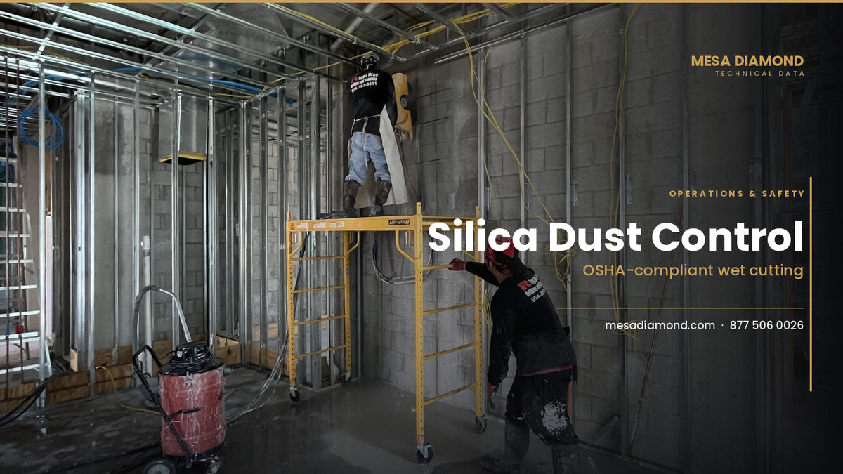 Wet cutting with slurry vacuum for silica dust control indoors