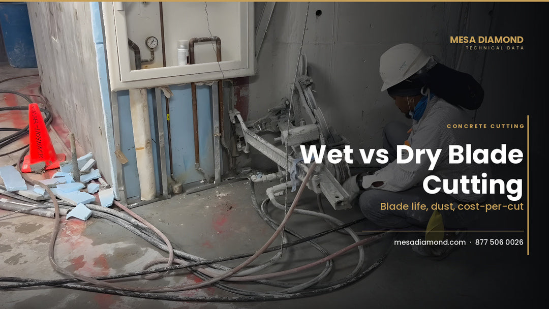 PPE operator running a wet track saw on a concrete wall