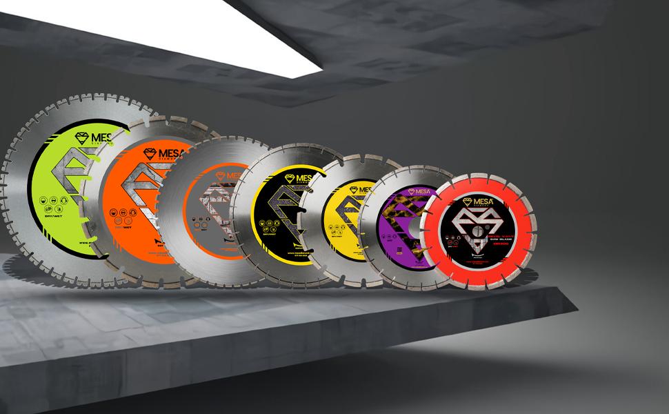 concrete diamond saw blade, asphalt diamond saw blade, w segmented concrete saw blade and bevel saw blade are in the picture. They are used for concrete, asphalt, marble, granite cutting applications