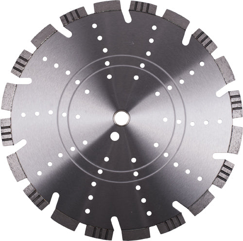 Hybrid Segment concrete saw blade steel core with multi-hole cooling technology, compatible with stationary table saws.