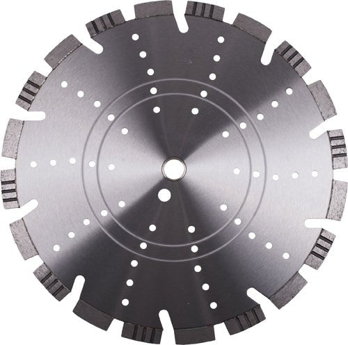 Hybrid Segment concrete saw blade steel core with multi-hole cooling technology, compatible with stationary table saws.