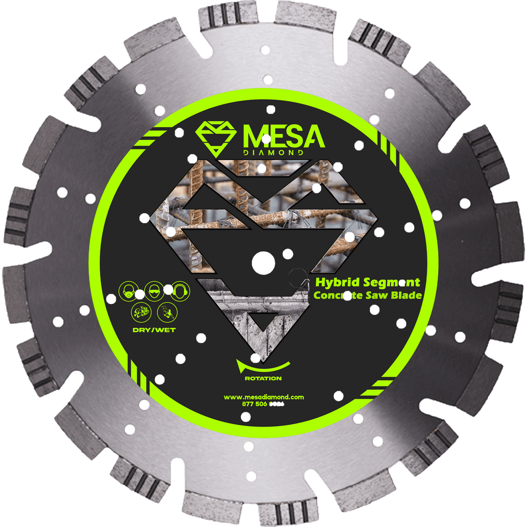 Mesa Diamond Hybrid Segment concrete saw blade for high speed saws, cutting reinforced masonry, hard brick and concrete.