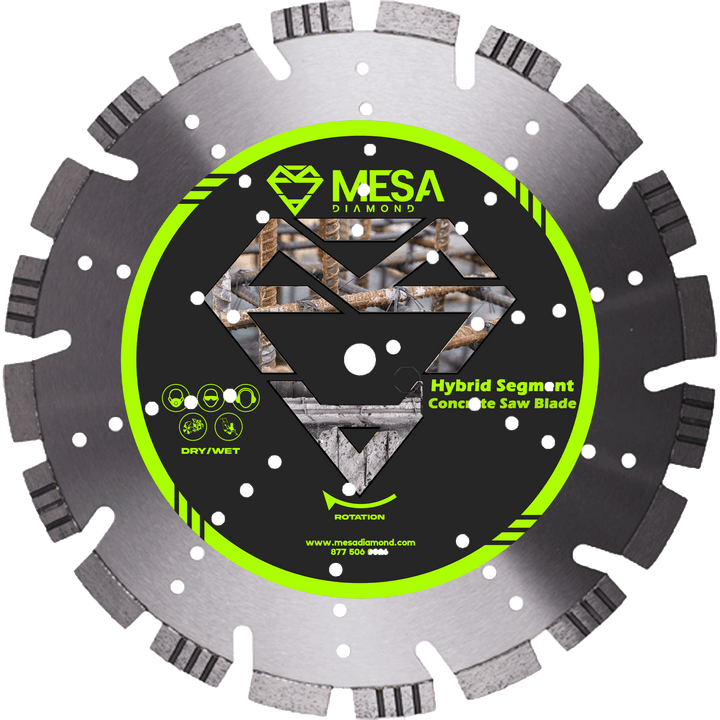 Mesa Diamond Hybrid Segment concrete saw blade for high speed saws, cutting reinforced masonry, hard brick and concrete.