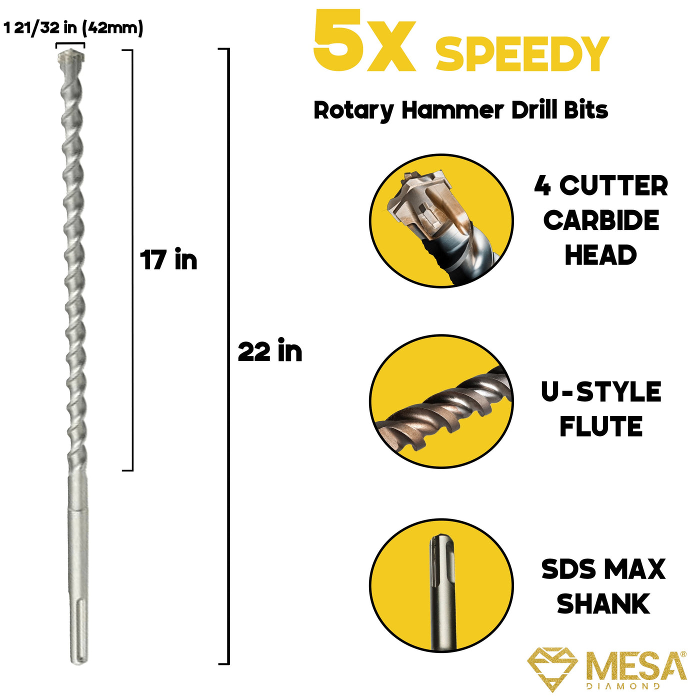 4 CUTTER SDS MAX Masonry Drill BitMESA DIAMOND®4SDSMAX42221 21/32 in (42mm)1 21/32 in (42mm)22 in